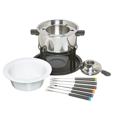 Obrázek KitchenCraft 3 v 1 sada na fondue s barevně odlišenými vidličkami (pro čokoládové, masové a sýrové fondue), stříbrná