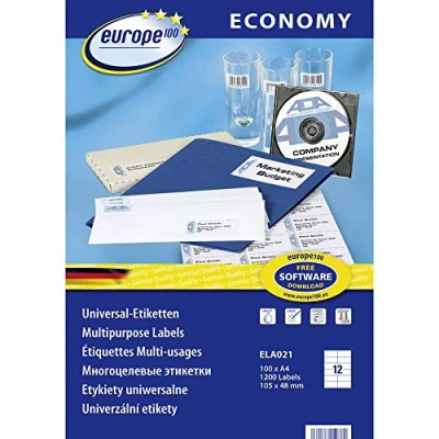 Obrázek Europe100 zboží ELA021 adresní nálepky (1. 200 lepicích štítků, 105 x 48 mm na A4, papír matný, individuálně potisknutelné, samolepicí etikety, kompatibilní s AVERY 3424) 100 listů, bílé