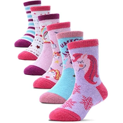 Obrázek Kinder Mädchen Jungen Socken Warme Wolle Wandersocken Sportsocken Wollsocken Dicke Thermosocken Wintersocken Weihnachtssocken Geschenke Kindersocken 6 Paare(Rosa Einhorn,4 7 Years)