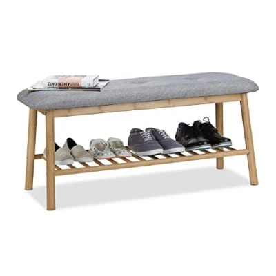Obrázek Relaxdays Botník bambus pro 4 páry bot, polstrovaná lavice 2 osoby, příjemná šatní lavice, přírodní šedá, 36 x 100 45 cm