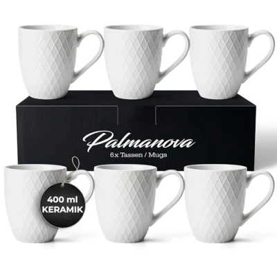 Obrázek MIAMIO 6 x 400 ml Kávové šálky sady/hrnky moderní keramický šálek matný na kávu velký kolekce Palmanova (bílý)