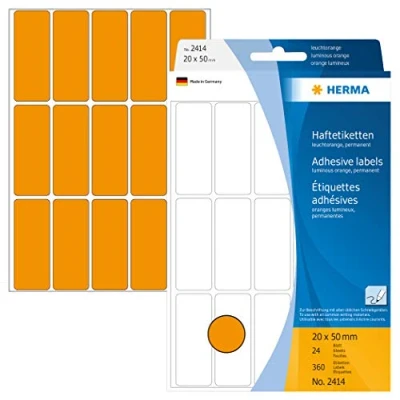 Obrázek HERMA 2414 víceúčelové etikety, 360 kusů, 20 x 50 mm, 15 na arch, samolepicí, etikety pro domácnost k popisování, matné, prázdné papírové lepicí samolepky, světle oranžové