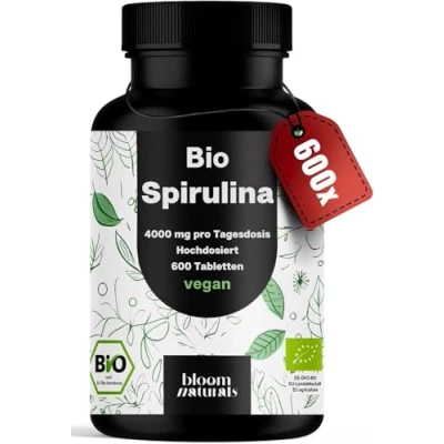 Obrázek Bio Spirulina tablety ve vysokých dávkách 600 tablet 4000 mg v denní dávce, spirulina, veganské a vyrobené Německu laboratorně testováno z kontrolovaného biologického odbourávání