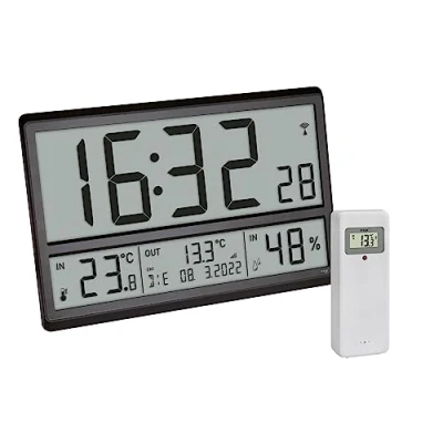 Obrázek TFA Dostmann Digitální XL nástěnné hodiny, 60. 4523. 01, s venkovní teplotou a pokojovým klimatem, rádiové zobrazení 24 h, kompletní datum, černé, (L) 360 x (š) 235 (V) 28 (84) mm