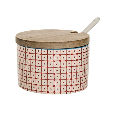Obrázek Bloomingville hrnec na sůl s víkem a lžící Carla Retro dóza cukr Vintage marmeládu Ø 10 cm, červená, keramika, objem cca 250 ml