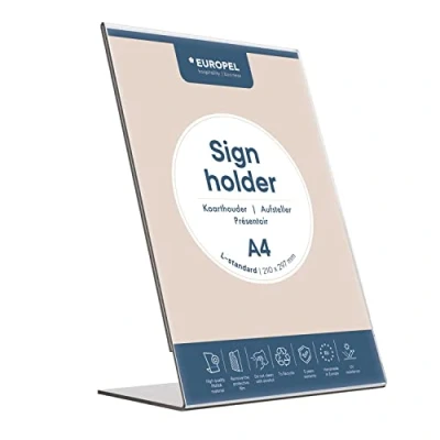 Obrázek Europel Stolní stojan A4 akryl šikmý a čirý tvar L DIN na výšku držák menu štítků Reklamní