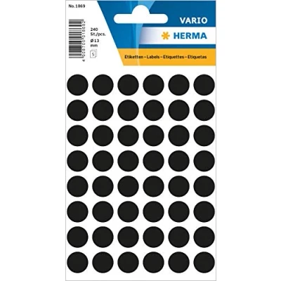 Obrázek HERMA 1869 Punktaufkleber Klebepunkte schwarz, 240 Stück, Ø 13 mm, 48 pro Bogen, selbstklebend, Markierungspunkte für Kalender Planer Basteln, matt, blanko Papier Farbpunkte Etiketten Aufkleber