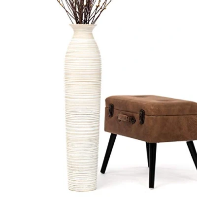 Obrázek Leewadee Velká dekorativní podlahová váza pro dekorační větve, vysoká stojací na pampovou trávu, design dřevěná váza, 90 cm, White Wash