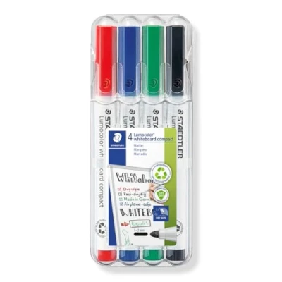 Obrázek STAEDTLER Popisovač na bílou tabuli Lumocolor compact, suchý a beze zbytku omyvatelný z bílých tabulí, univerzální špička cca 1 2 mm šířka linie, vysoká kvalita, sada se 4 barvami, 341 WP4