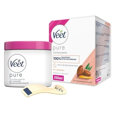 Obrázek Veet Pure cukrová pasta s arganovým olejem pro odstranění chloupků na těle a obličeji 1 x 250 ml vč. dřevěné špachtle proužků látky