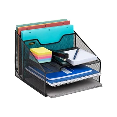 Obrázek Mind Reader Network Collection, 3 Tier, 5 Compartment Desktop Organizer with 2 Vertical File Holders and Horizontal Paper Trays, Organizer, Metal Mesh, 12.5&quot;L x 11.5&quot;W 9.5&quot;H, Black