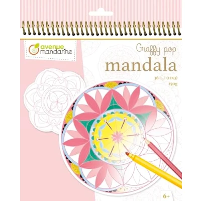 Obrázek Avenue Mandarine GY027O omalovánky Graffy Pop Mandala, kreslicí papír 250 g, předřezané tvary, 12 motivů se opakují vždy třikrát, ideální pro děti od 6 let, 1 kus, růžová