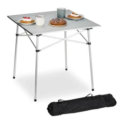 Obrázek Relaxdays skládací stůl, sklopný kempinkový V x H: 70 cm, hliník, multifunkční stříbrný