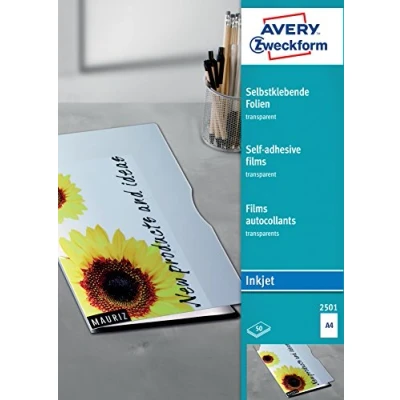 Obrázek AVERY Zweckform 2501 transparentní fólie pro inkoustové tiskárny (50 samolepicích fólií s vysokou zářivostí barev, A4, speciální vrstva, stohovatelné, fotorealistické, tloušťka 0,17 mm)