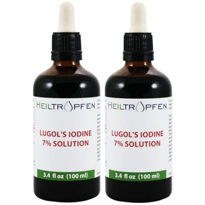 Obrázek 2x 100 ml Lugolského roztoku 7% obsažené látky ve farmaceutické kvalitě 21% tekutá formulace Lugolova 7 % elementárního jódu a 14 jodidu draselného dvojité balení Heiltropfen®