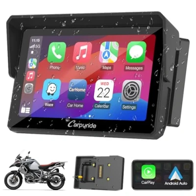 Obrázek Obrazovka carplay 2024 Carpuride W502B pro motocykly BMW R1200GS R1250GS S1000XR motocykl, 5palcová vodotěsná dotyková obrazovka, přenosné carplay/Android auto, GPS navigace motocykly, Dual