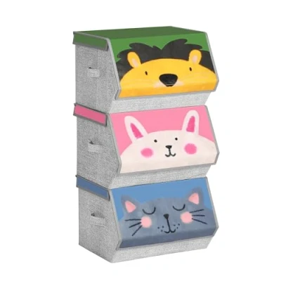 Obrázek SONGMICS Úložné boxy, sada 3 ks, skládací látkové boxy s úchyty, organizér, magnetické víko, do dětského pokoje, herny, zvířecí motivy, růžová, modrá, zelená a šedá RFB760P01