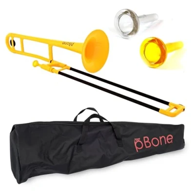 Obrázek pBone Posauna, plast ABS (sklolaminátová přívodní trubka, 8&quot; zvuková díra, otvor 12,7 mm, plastový náústek s úzkou dříkem, včetně tašky), žlutý