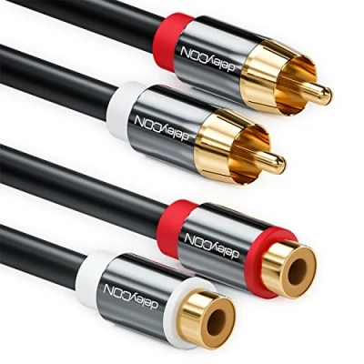 Obrázek deleyCON 5m cinch prodlužovací kabel RCA stereo audio 2x konektor k zdířce pozlacený kovový černý