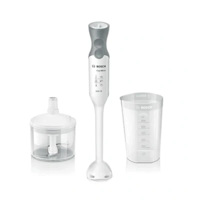 Obrázek Bosch Tyčový mixér ErgoMixx MSM66020, mixovací a odměrka, nůž se 4 čepelemi, ergonomický design, 12 stupňů plus Turbo, 600 W, bílá/šedá