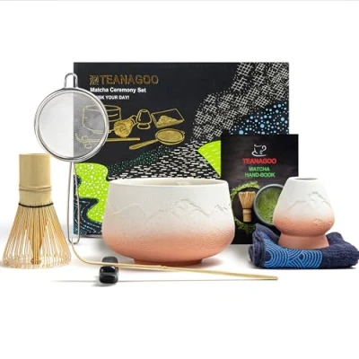 Obrázek TEANAGOO Matcha sada košťata čajová Miska Whisk, lopatka, síto, držák na smeták od Matcha, 7 kusů sad Tee, N25, růžový barevný přechod