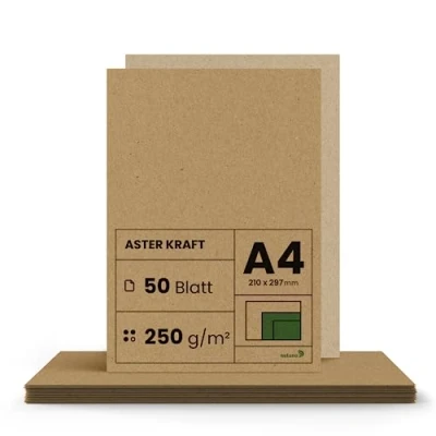 Obrázek Netuno 50 x kraftový papír 250 g DIN a4 210 297 mm Aster Kraft karton pro ruční práce silný recyklovaný kutily svatba vintage hnědý přírodní řemeslný