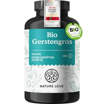Obrázek NATURE LOVE® bio ječmen 1500 mg na denní dávku z německého pěstování 180 kapslí vysoká dávka, laboratorně testováno, certifikované produkce, vyrobeno v Německu