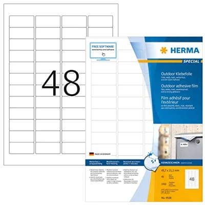Obrázek HERMA 9536 Fóliové etikety odolné proti povětrnostním vlivům, 40 listů, 45,7 x 21,2 mm, 48 na arch A4, 1920 kusů, samolepicí, potištěné, matné, prázdné venkovní lepicí z polyetylénu, bílé