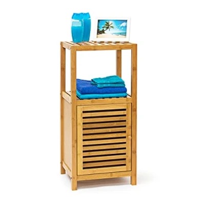 Obrázek Relaxdays Koupelnový regál bambus se 3 odkládacími plochami V x Š H 80 36,5 33 cm praktický dřevěný s více úrovněmi a skříňový díl magnetickým uzávěrem úložným prostorem pro koupelnu