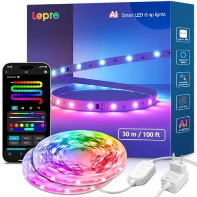 Obrázek Lepro LED pásek AI S1, RGBIC 30 M (2 x 15 M) Smart s asistentem světelného designu, hudební synchronizace, ovládání pomocí aplikace kompatibilní Alexa a Google Assistant, světelný