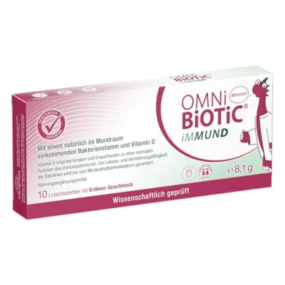 Obrázek OMNi BiOTiC iMMUND 10 pastilek 1 bakteriální kmen miliarda zárodků v pastilce s vitaminem D vegetariánská bez cukru pro každodenní použití také děti příchuť jahod