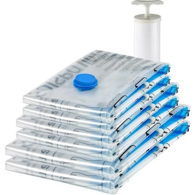 Obrázek Amazon Basics Vakuové kompresní úložné pytle s ruční pumpičkou, zip, balení 6 kusů (2x velikost Jumbo, 2x L, M), několik, bezbarvý