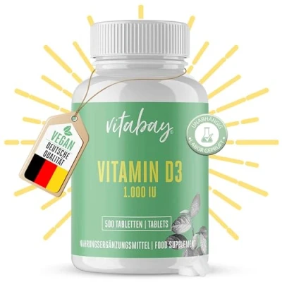 Obrázek Vitabay Vitamín D3 Depot 1000 I.U 500 veganských tablet vysoké dávky vitamin tablety a kapsle Vit D