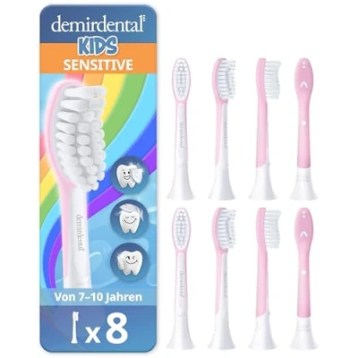 Obrázek demirdental náhradní kartáčky pro Kids vhodné Philips Sonicare Kids, dětské sonické zubní kartáčky, děti od 7 let, odpovídá HX6044, růžové, 8dílné sadě