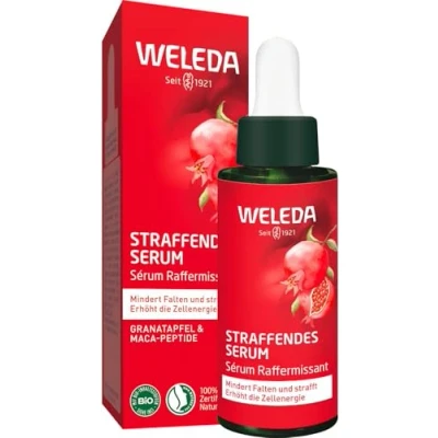 Obrázek WELEDA Bio zpevňující sérum přírodní kosmetika Natural Anti Aging koncentrát péče o obličej s olejem ze semen granátového jablka a peptidy maca. Obličejové redukuje vrásky, hydratuje napíná