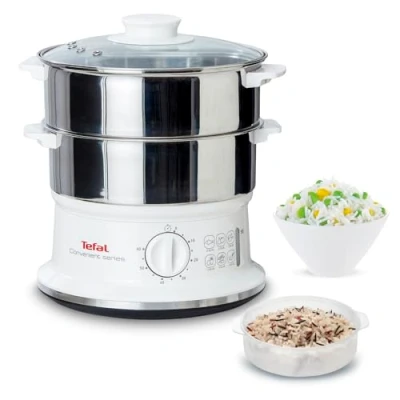 Obrázek Tefal Dampfgarer VC1451 2 Edelstahlbehälter 6L Fassungsvermögen 24cm Durchmesser Timer und automatische Abschaltung 900W Weiß