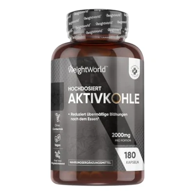 Obrázek Kapsle s aktivním uhlím 2000 mg denně 180 veganských kapslí pro nadýmání (EFSA) zdroj eukalyptu a kůry Acacia Nilotica přírodní přísady laboratorně testováno v Německu WeightWorld