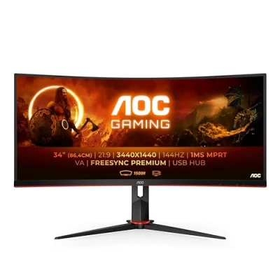 Obrázek AOC Gaming CU34G2X 34 palců WQHD zakřivený monitor, 144 Hz, 1 ms, FreeSync Premium (3440x1440, HDMI, DisplayPort, USB Hub) černá/červená