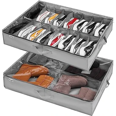 Obrázek Unterbett Kommode für Schuhe Aufbewahrung 2 Stück, Schuh Aufbewahrungssysteme mit 16+4 Fächern, Organisierer Aufbewahrungsbox Schublade, Faltbare Schuhaufbewahrung Stasche Deckel