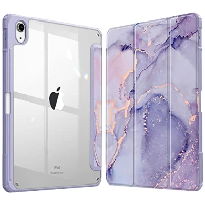 Obrázek Fintie Hybridní pouzdro pro iPad 10. Generace 2022 (10,9 palců) s držákem na pero ochranné odolné proti nárazu průhlednou tvrdou skořepinou zadní straně, fialový mramor