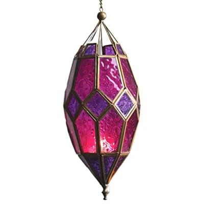 Obrázek Teelichtlaterne im marokkanischen Stil zum Aufhängen, Glas, groß, lila/rosa