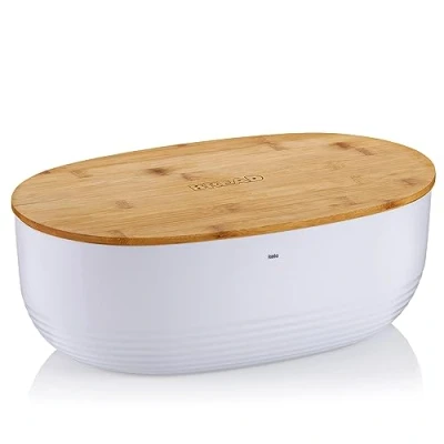 Obrázek Kela Chlebník NAMUR s větracími otvory v bambusovém víku, box na chléb, úložný box, plast, bílý, 37,5 x 23 14 cm