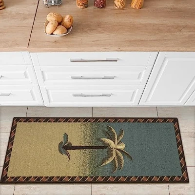 Obrázek Ottomanson Sara&#039;s KitchenCollection Kobercový běhoun do koupelny s gumovou zadní stranou a tropickými palmami, 50 cm x 150 cm, béžová/modrozelená