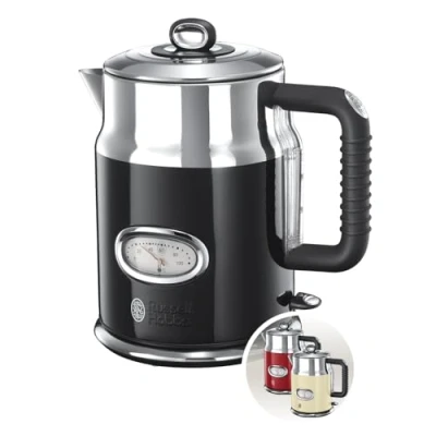 Obrázek Russell Hobbs Rychlovarná konvice [1,7 l, 2400 W] retro černá a leštěná ušlechtilá ocel (funkce rychlého vaření, ukazatel teploty vody v designu, venkovní hladiny vody) Vintage vařič na