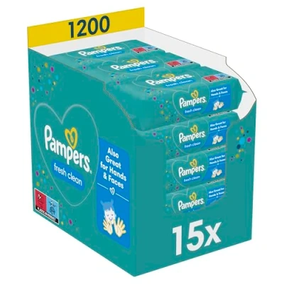 Obrázek Pampers Fresh Clean vlhké ubrousky 15 balení po 80 kusech 1200 vlhkých ubrousků, jemná vůně, vhodné také na ruce a obličej