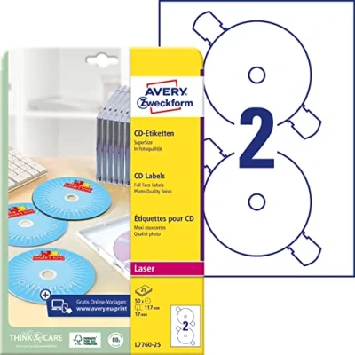 Obrázek Avery Zweckform L7760 25 CD etikety (A4, 50 kusů, vysoký lesk, Ø 117 mm) Folio Bílá