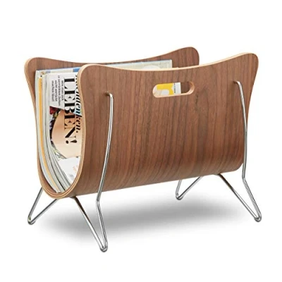 Obrázek Relaxdays Stojan na noviny dřevo, bugové koš noviny, moderní design, robustní, držadla, v x š 37 25 cm, přírodní, hnědý