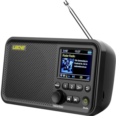 Obrázek LEICKE přenosné DAB+ rádio s Bluetooth 5.0 DAB/DAB+ a UKW rádio, 2,4&quot; barevný displej, 80 předvoleb, kuchyňské adaptérem nebo provoz na baterii 4000 mAh, přípojka MicroSD/TF/AUX