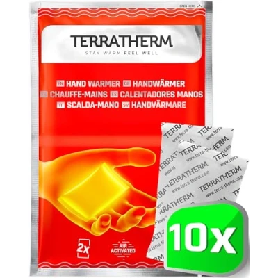 Obrázek TerraTherm ohřívač rukou, prstů pro 12h teplé ruce, ohřívací polštářky ručně aktivované vzduchem, 100% přírodní teplo, kapesní ohřívač, 10 párů