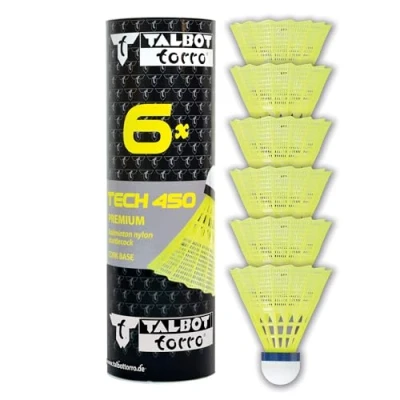 Obrázek Talbot Torro badminton Ball Tech 450, 6dílná dóza, barva: Žlutá, rychlost: modrá/střední, prémiový nylonový pružinový míček, raketoplán, nylonové košíčky, pro vnitřní i venkovní míček a